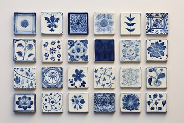 Different types of Azulejo painted tin-glazed ceramic tilework