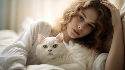woman lay down with cat in the style of romantic
