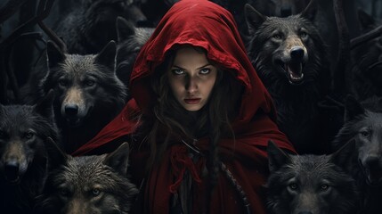 a woman in a red cape surrounded by wolves - obrazy, fototapety, plakaty