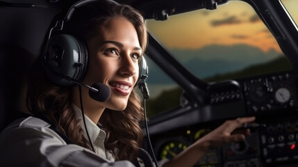 Woman pilot in airplane cockpit, wearing headset with microphone, flying a plane.