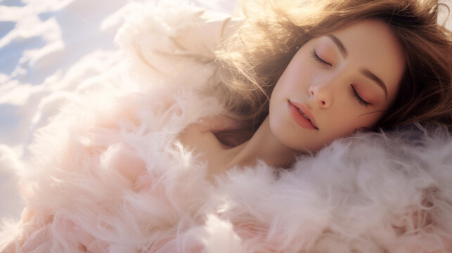 woman lay on snow, in the style of romantic 