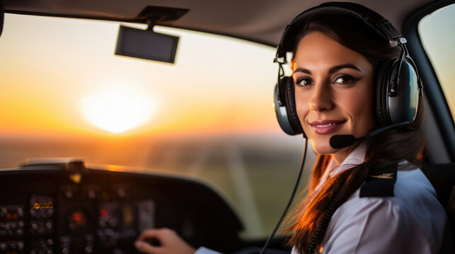 Woman pilot in airplane cockpit, wearing headset with microphone, flying a plane.