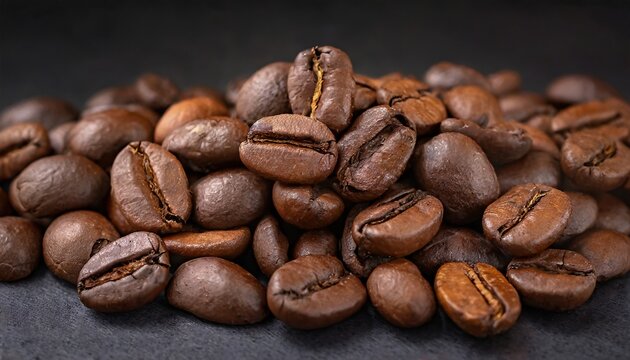 Freshly roasted coffee beans close up on a dark background © Marko