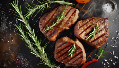  Grilled beef steaks with rosemary on the barbecue grill