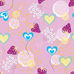 Вright floral seamless pattern with Strawberry, cute daisies, hearts, circles and lollipops on a  pink, background. Vector abstract design for paper, cover, fabric, interior decor 