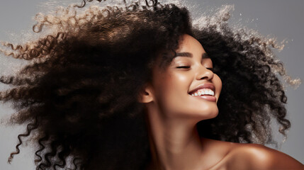 Adorable african-american woman with waving flying curly hair in motion, beautiful black lady isolated on plain background. Spa and beauty salon advertising, copy space. AI generated - obrazy, fototapety, plakaty