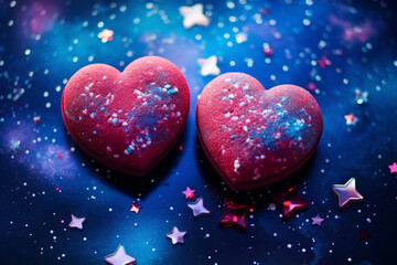 Fototapeta premium sweets galaxy for valentine's day, lots of blue and purple heart shaped decorations in space, in the style of selective focus, marble, cosmic landscapes, pink and azure, bubble goth, chalky, dark pink