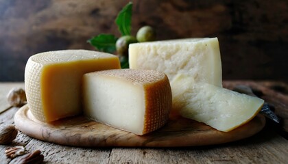 Italian cheese collection, matured pecorino romano hard cheese made from sheep melk, Italian pecorino cheese on a wooden rustic display