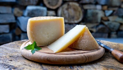 Italian cheese collection, matured pecorino romano hard cheese made from sheep melk, Italian pecorino cheese on a wooden rustic display - obrazy, fototapety, plakaty