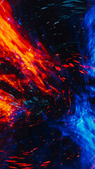 Colorful modern background. Fire ice. Blue yellow red contrast steam waves sparks in cold hot energy fight on black in hypnotic abstract art.