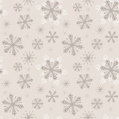Stylish seamless pattern of  silver snowflakes on a gray background. New Year's festive theme. Vector design for winter decor, print, wallpaper, packaging, web design, textiles, covers, invitations