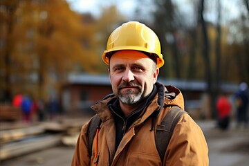 Professional construction worker wearing safety gear on an active construction site