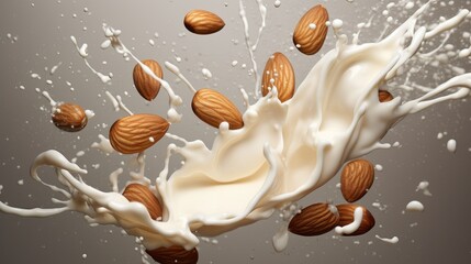  freeze motion of fresh almond milk elixir ,gray background  - obrazy, fototapety, plakaty