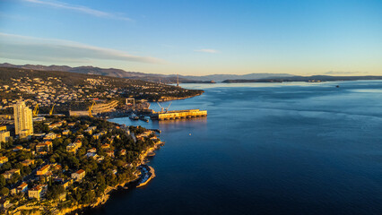 Rijeka, Sušak, Podvežica, aerial view, tower center, sunset, Croatia