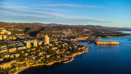 Rijeka, Sušak, Podvežica, aerial view, tower center, sunset, Croatia