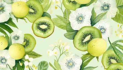 Foto op Plexiglas fresh seamless pattern with collection kiwi , blossoms and lime slices  in clipart watercolor design  © Klay