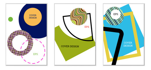 Geometric cover design, set of 3 covers. Abstract unusual background in Memphis style. Bright geometric shapes in random order