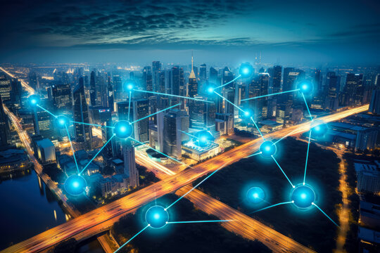 Smart city wireless communication network over the cityscape and blue sky background