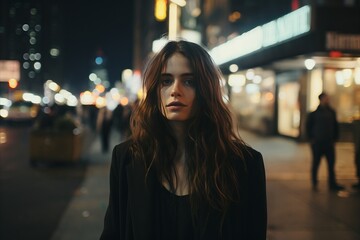 young beautiful caucasian girl walking at city at night, nighttime walk at streets. - obrazy, fototapety, plakaty