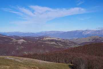 Fototapeta na wymiar Panoramic view the Apennines from the peak of Monte Autore, Monti Simbruini Natural Regional Park, Italy 