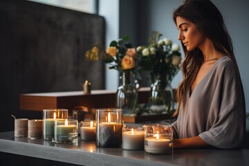 Tranquil Spa Experience. Young Woman Unwinding with Candlelight Massage in Dimly Lit Setting