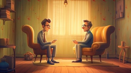 Psychotherapist or psychotherapist working with young man. Mental health, psychotherapy concept. Cartoon style.