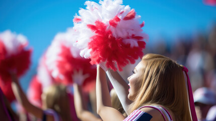 Cheerleader fitness, training and students in cheerleading uniform on a outdoor field. Athlete group back, college sport collaboration and game cheer prep ready for cheering, stunts and pompoms