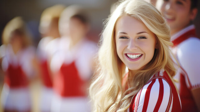 Happy cheerleader in action on the professional stadium close up portrait.