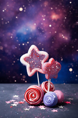sweets galaxy for valentine's day with copy space, colorful candies and hearts floating around in the galaxy, in the style of spectacular backdrops, dark pink and light indigo, spacesolarpunk