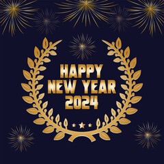 2024 Happy New Year. 3d render golden metallic sign sparkling text letter. Celebrate party 2024. festive firework background. Christmas Poster, banner, cover card, brochure, flyer, greeting card 