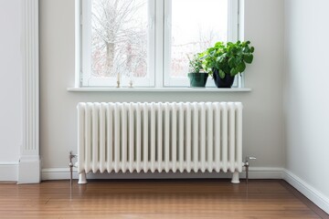 Heating radiator under the window with flowers