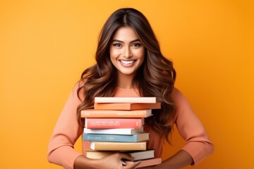 Happy Indian Woman Advertising Image Carrying book  Color Background generative ai
