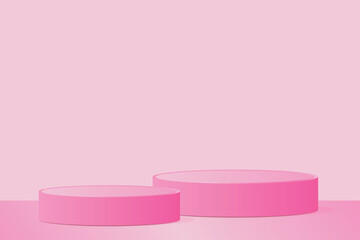 3d pink podiums in pink studio room. Realistic vector 3d cylinder podium pedestal, two stages with horizontal shape background, eps 10.
