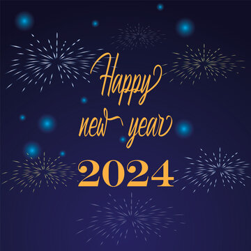 Happy New Year 2024 Greeting card . Beautiful holiday web banner or billboard with golden sparkling text Happy New Year 2024 written sparklers on festive firework background. Christmas Poster, banner,