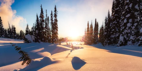Fotobehang Winter Landscape in Canadian Mountain Landscape. Colorful Sunset. © edb3_16