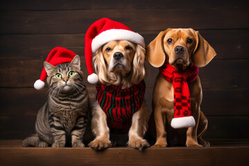 Three dogs in Santa Claus clothes on a dark background. New Year and Christmas.