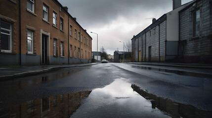 Obraz premium Post-Rainfall Glimmer on Suburban Street at DawnAI generativ