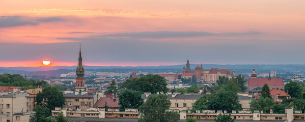 Krakow old town panorama at sunset, view from Krakus Mound on Krzemionki hill