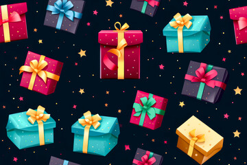 Seamless pattern with gift boxes and stars. illustration.