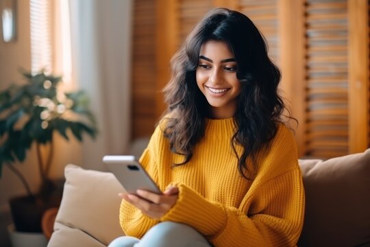Cute Indian Woman Relaxing on Sofa, Checking Facebook and Instagram generative ai