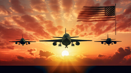 American military aircrafts flying on the background of the flag of the USA