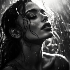 a women with rain drops falling on her face is shown in black and white