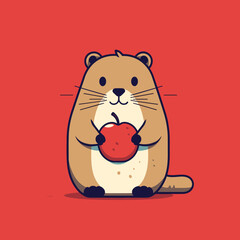 Groundhog with red apple isolated on red background, vector 