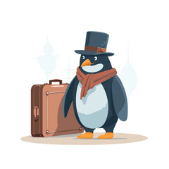 Penguin with suitcase hat and scarf isolated on white background, vector