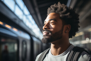 African American Lonely man with long hair against the train in the railway station at the background, Subway station, travel concept, business trip concept.