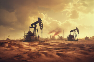 Fototapeta na wymiar Oil pump on the sunset background. Oil industry equipment.