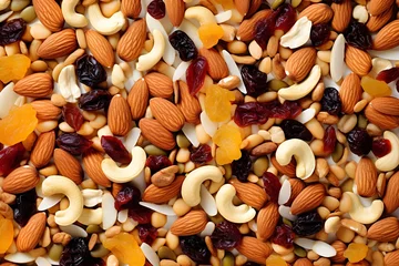 Foto op Plexiglas A mixture of nuts, muesli, nutritious food. Background with the texture of a mixture of nuts. © Vadim
