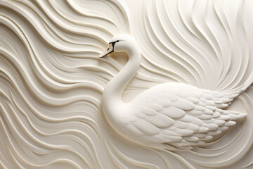 Elegant swan bird with side view in 3d style on light textured wavy background. Love nature concept
