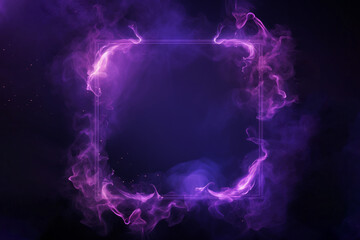 Neon purple colour empty photo frame border with flaming smoke on dark background. Mock up template advertisement concept