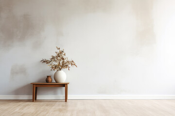 Home interior mock up of living room with wooden table and clay vase on light empty wall minimal...